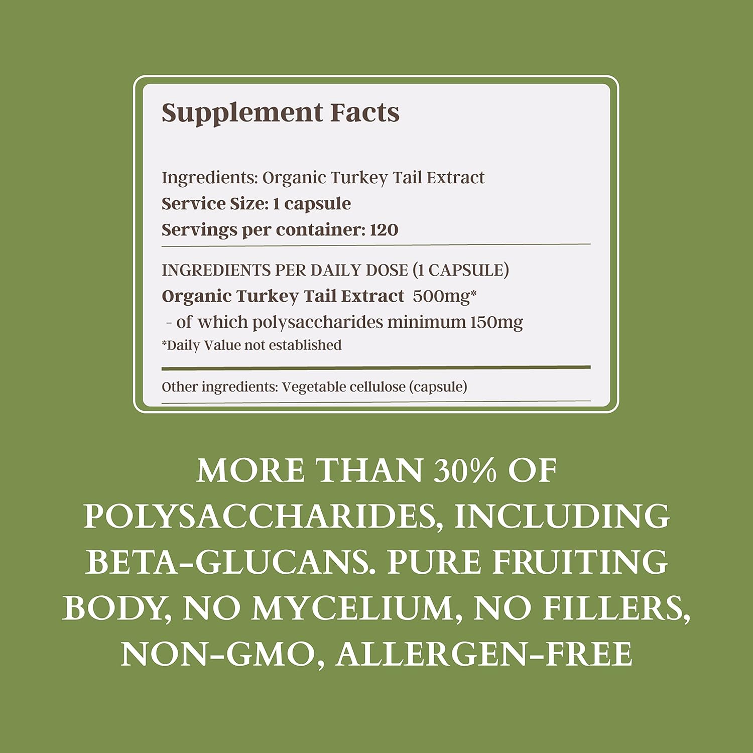 Turkey Tail Mushroom Supplement - Pure Fruiting Body Extract with 30% Polysaccharides - 500mg, 120 Vegecaps - Immune Function Support