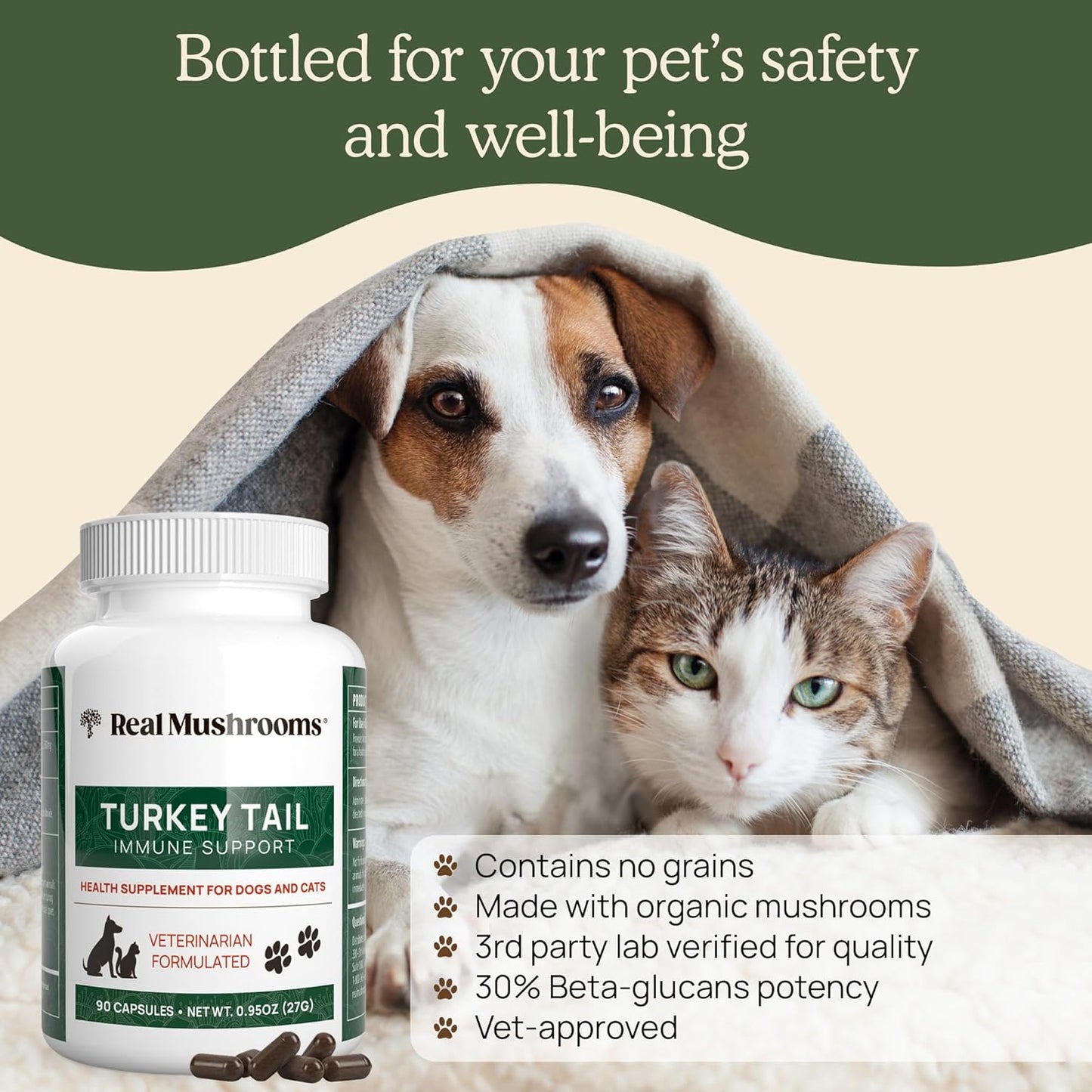 Turkey Tail Pet Support: Dog Multivitamins for Immune & Gut Health - Vet-Approved, Gluten-Free 90ct Supplement