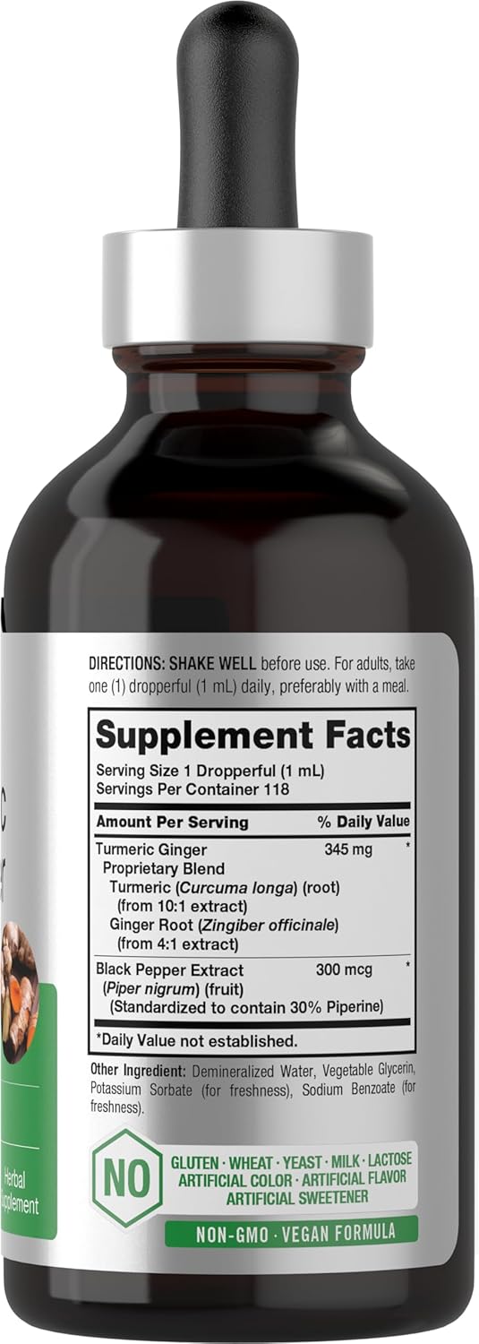 Turmeric and Ginger Herbal Liquid Extract with Black Pepper - Vegan, Non-GMO, Gluten Free - 4 fl oz