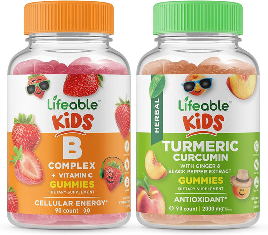 Turmeric Curcumin and B Complex Gummies Bundle for Kids - Gluten-Free and GMO-Free Chewable Vitamins