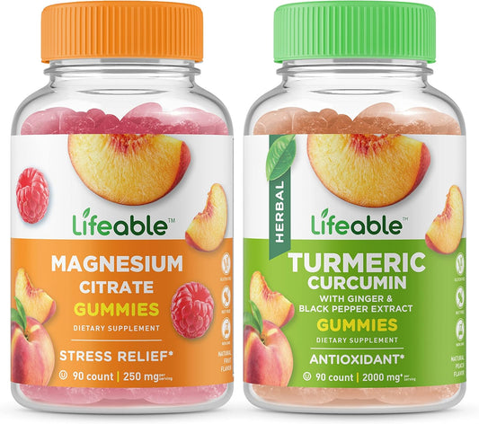 Turmeric Curcumin and Magnesium Gummies Bundle - 85mg, Vitamin Supplement, Gluten Free, GMO Free, Chewable - Lifeable