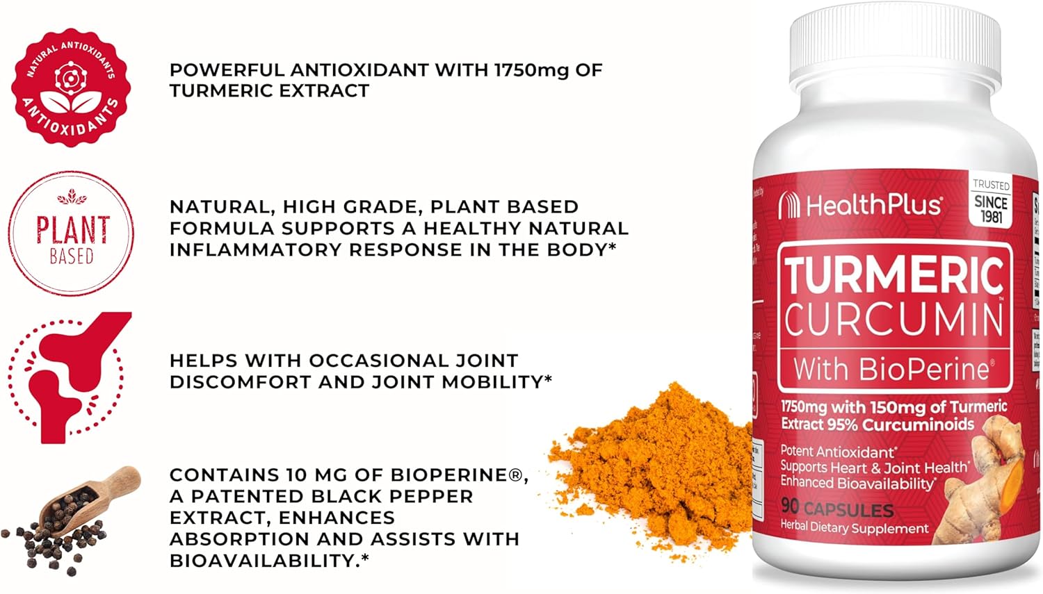Turmeric Curcumin Capsules - 90 Capsules, 30 Servings - Health Plus Formula
