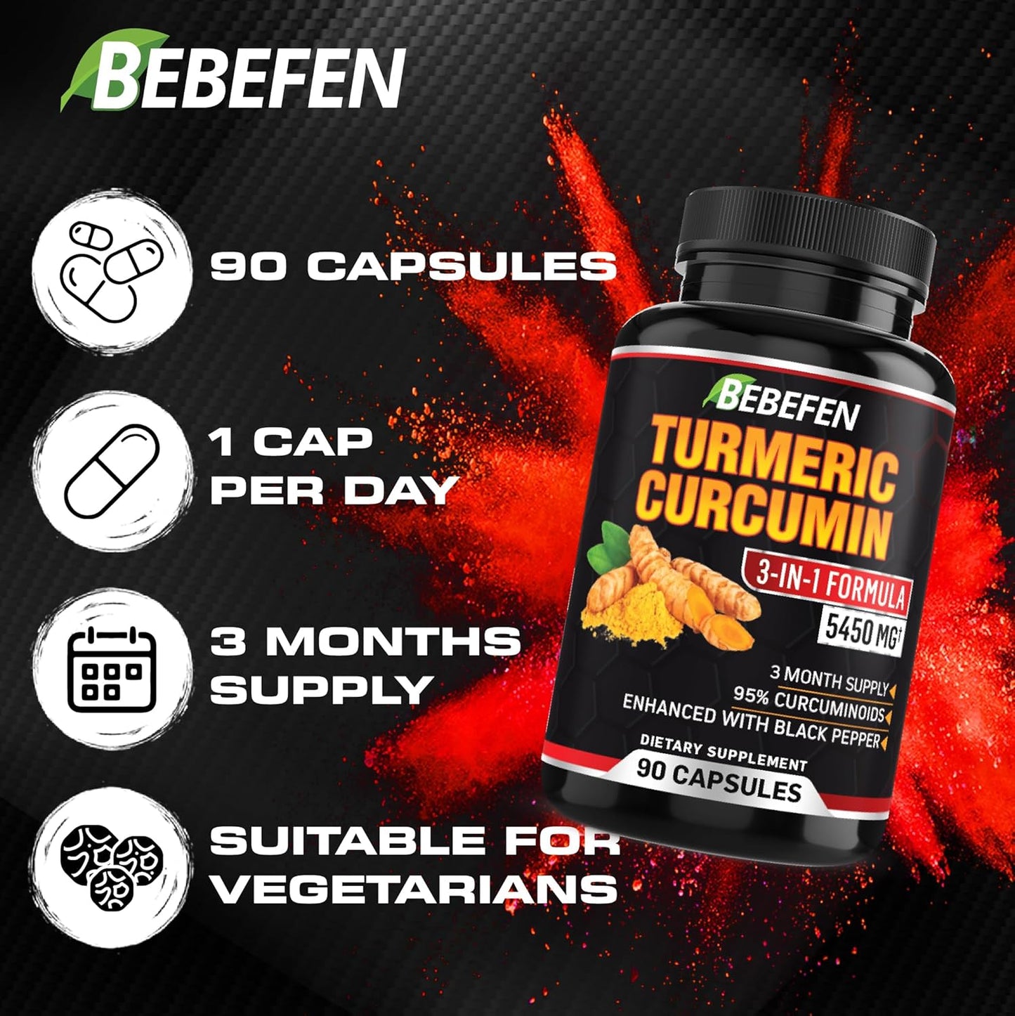 Turmeric Curcumin Capsules with Black Pepper Extract - 5450mg Formula for Joint, Inflammatory & Immune Support - 90 Capsules - 3 Month Supply