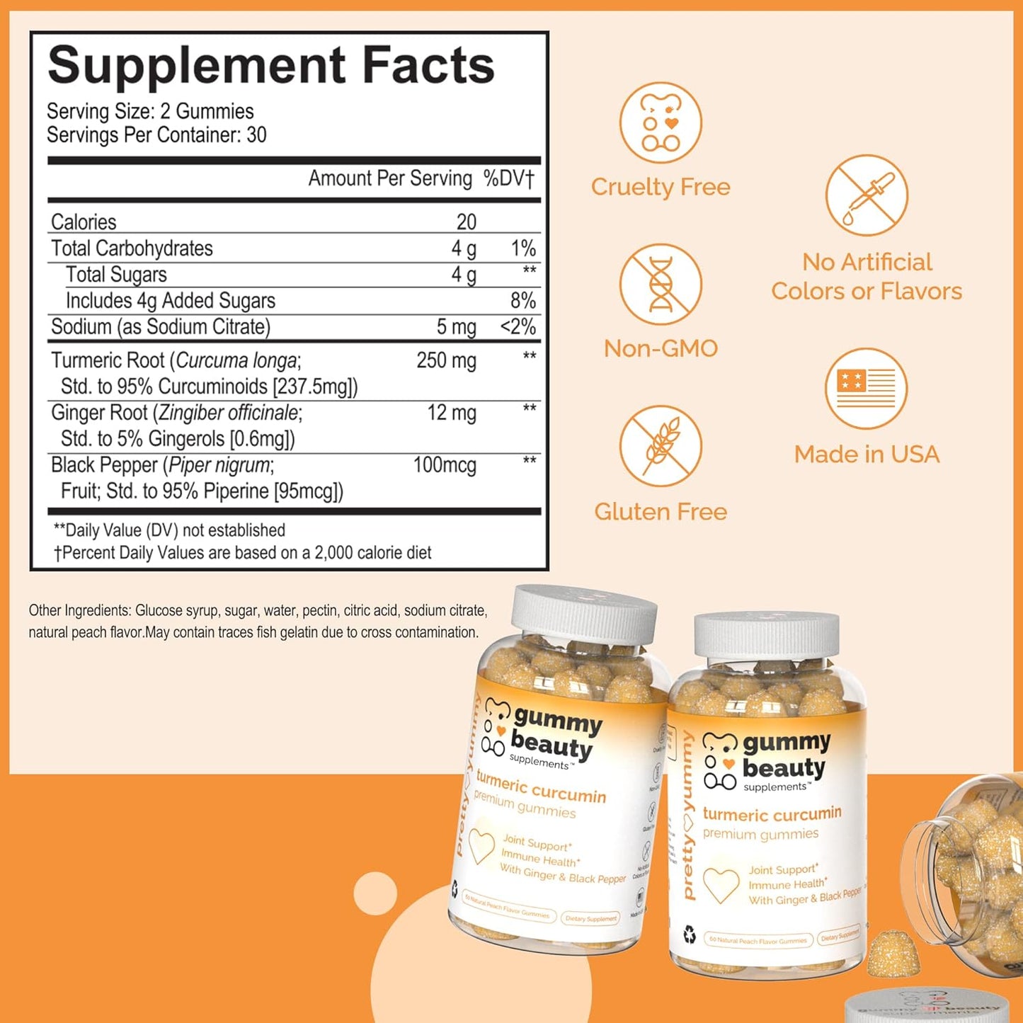 Turmeric Curcumin Gummies with Ginger & Black Pepper for Maximum Absorption - Peach Flavor, 60 Count, Cruelty-Free, Gluten-Free, Non-GMO