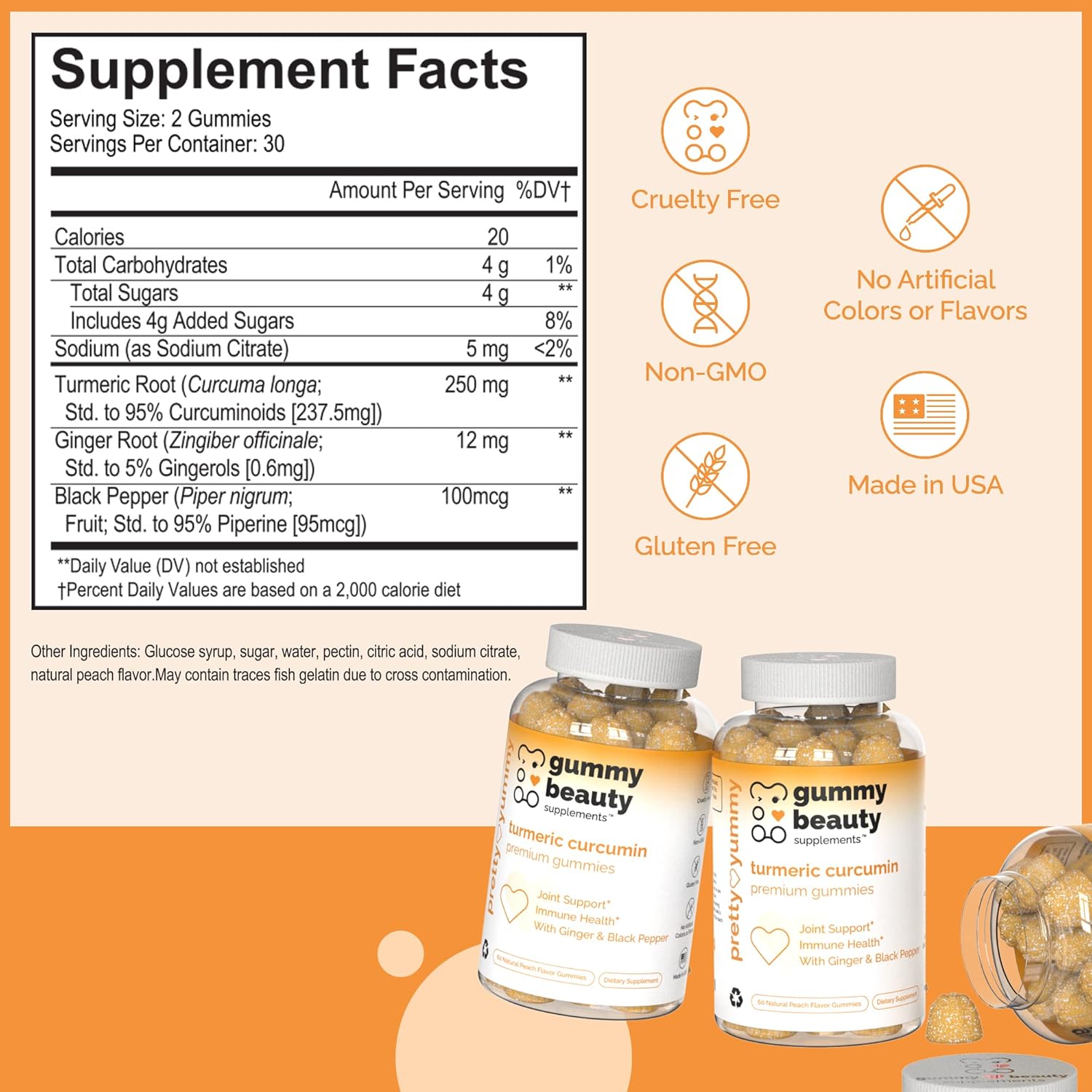 Turmeric Curcumin Gummies with Ginger & Black Pepper for Maximum Absorption - Peach Flavor, 60 Count, Cruelty-Free, Gluten-Free, Non-GMO