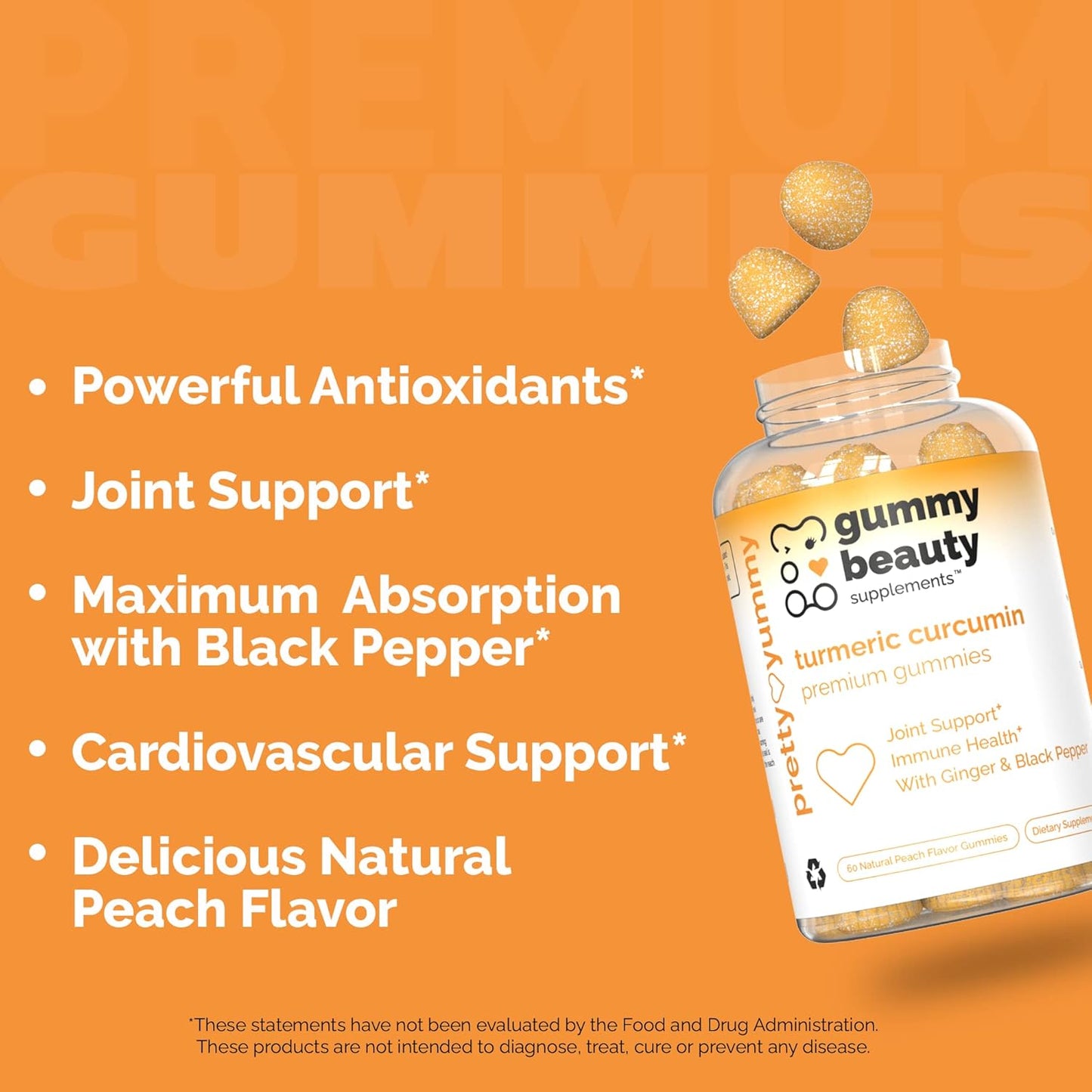 Turmeric Curcumin Gummies with Ginger & Black Pepper for Maximum Absorption - Peach Flavor, 60 Count, Cruelty-Free, Gluten-Free, Non-GMO