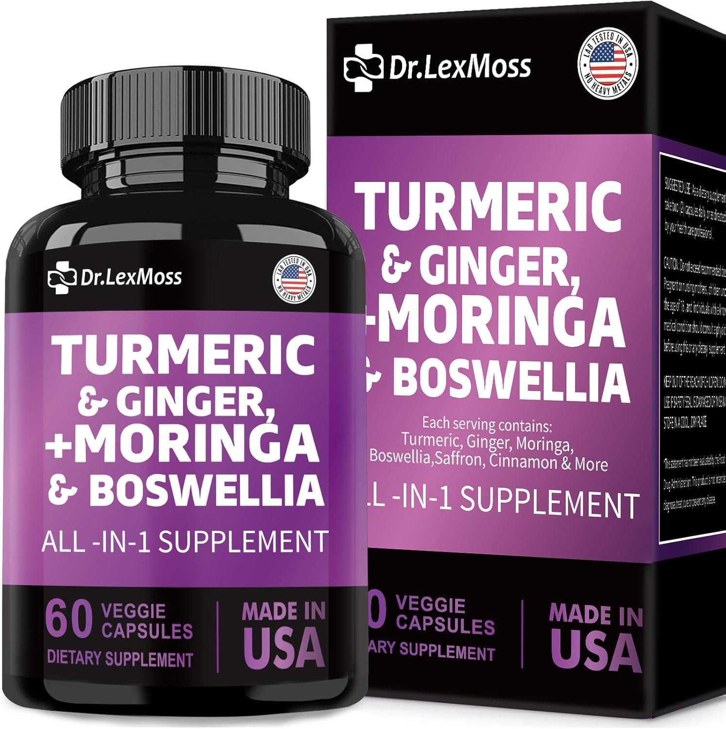 Turmeric Curcumin Joint Support Supplement with Ginger, Moringa, Boswellia, Saffron, Ceylon Cinnamon, Quercetin, and Tart Cherry - 60 Capsules