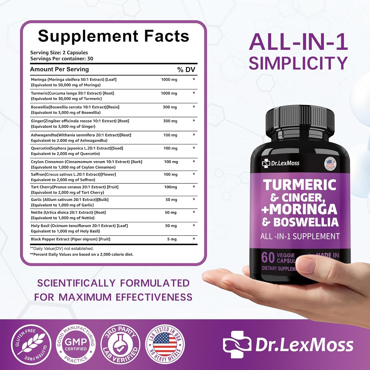 Turmeric Curcumin Joint Support Supplement with Ginger, Moringa, Boswellia, Saffron, Ceylon Cinnamon, Quercetin, and Tart Cherry - 60 Capsules