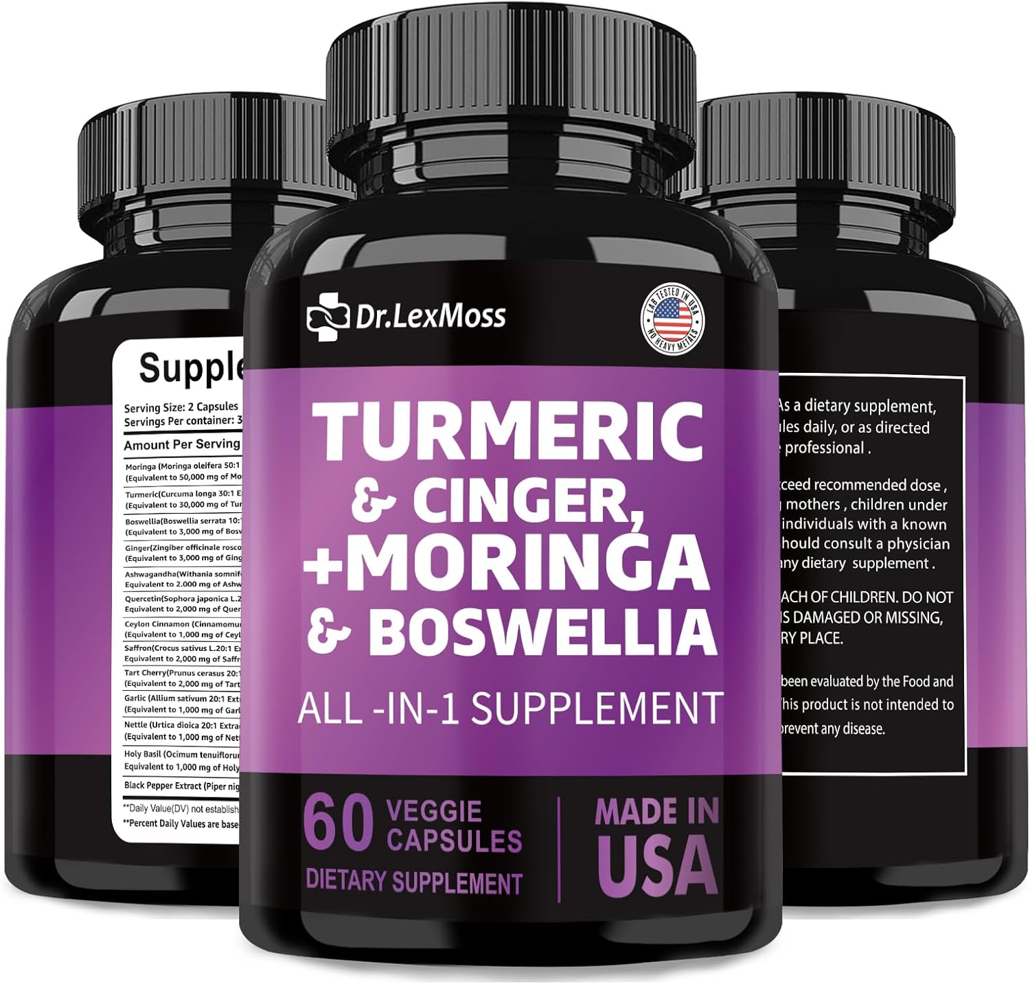 Turmeric Curcumin Joint Support Supplement with Ginger, Moringa, Boswellia, Saffron, Ceylon Cinnamon, Quercetin, and Tart Cherry - 60 Capsules
