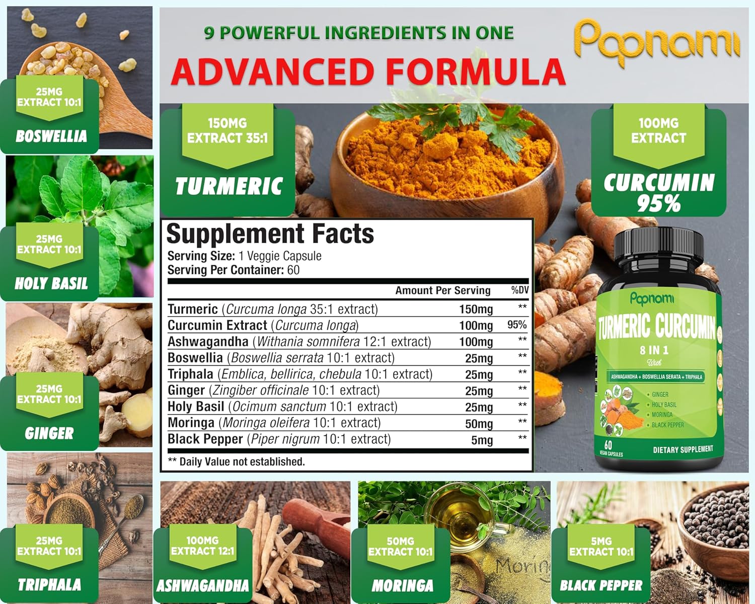 Turmeric Curcumin Supplement 2 Pack (60 Capsules Each) - Immune, Joint, Digestive & Wellness Support - 4 Month Supply with Ashwagandha, Triphala, Moringa