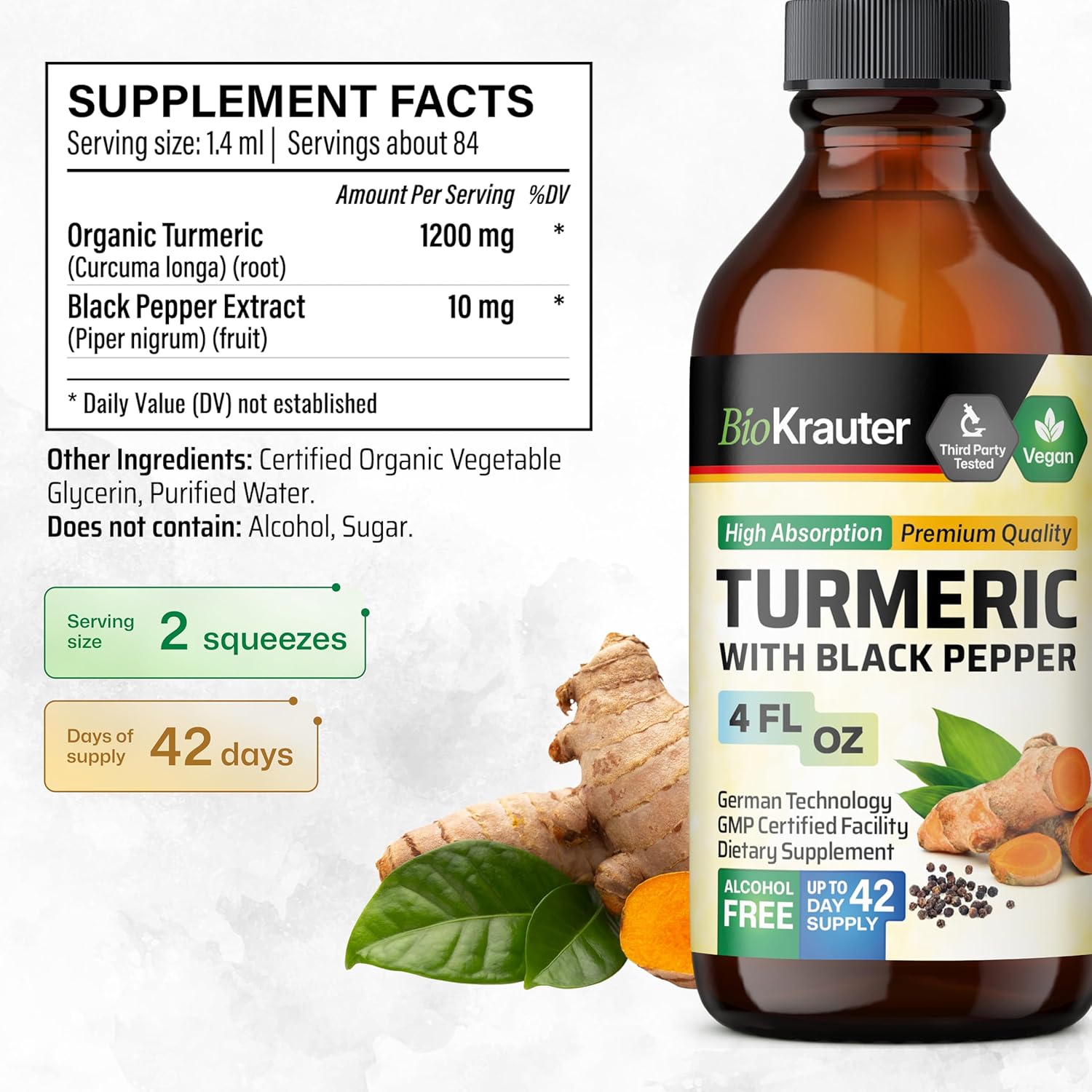 Turmeric Curcumin Supplement Tincture - 1200mg with Black Pepper Extract - Vegan Drops - Alcohol & Sugar Free - 4 Fl.Oz.