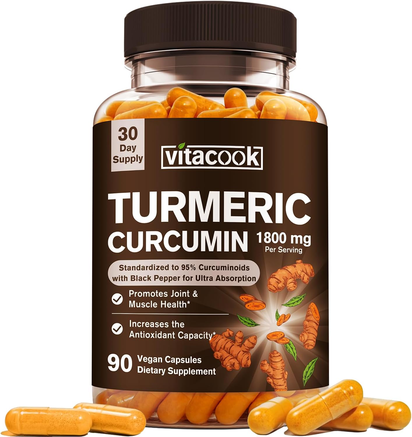 Turmeric Curcumin Supplement with 1800mg and 95% Curcuminoids, Enhanced Absorption with Black Pepper, Vegan Joint Support - 90 Veggie Caps