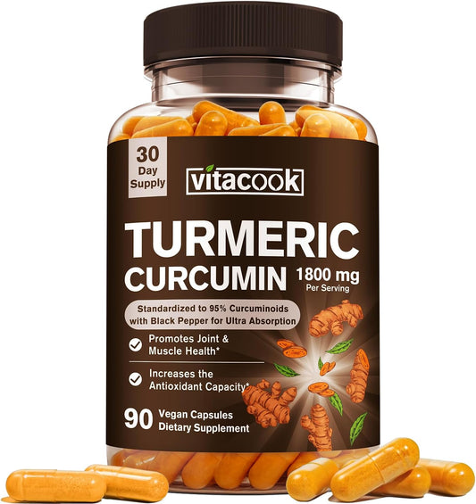 Turmeric Curcumin Supplement with 1800mg and 95% Curcuminoids, Enhanced Absorption with Black Pepper, Vegan Joint Support - 90 Veggie Caps
