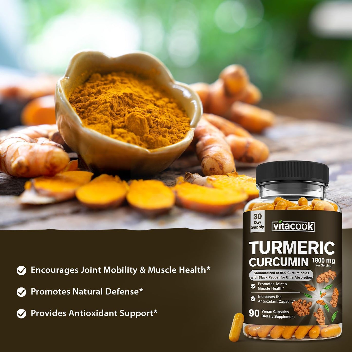 Turmeric Curcumin Supplement with 1800mg and 95% Curcuminoids, Enhanced Absorption with Black Pepper, Vegan Joint Support - 90 Veggie Caps