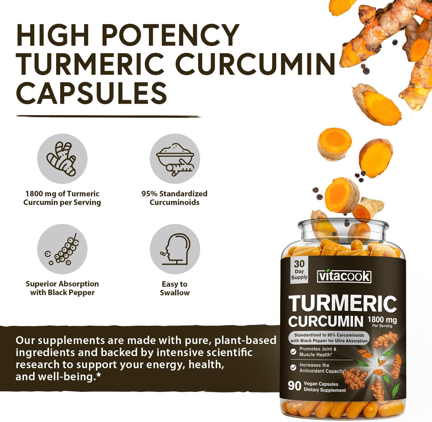 Turmeric Curcumin Supplement with 1800mg and 95% Curcuminoids, Enhanced Absorption with Black Pepper, Vegan Joint Support - 90 Veggie Caps