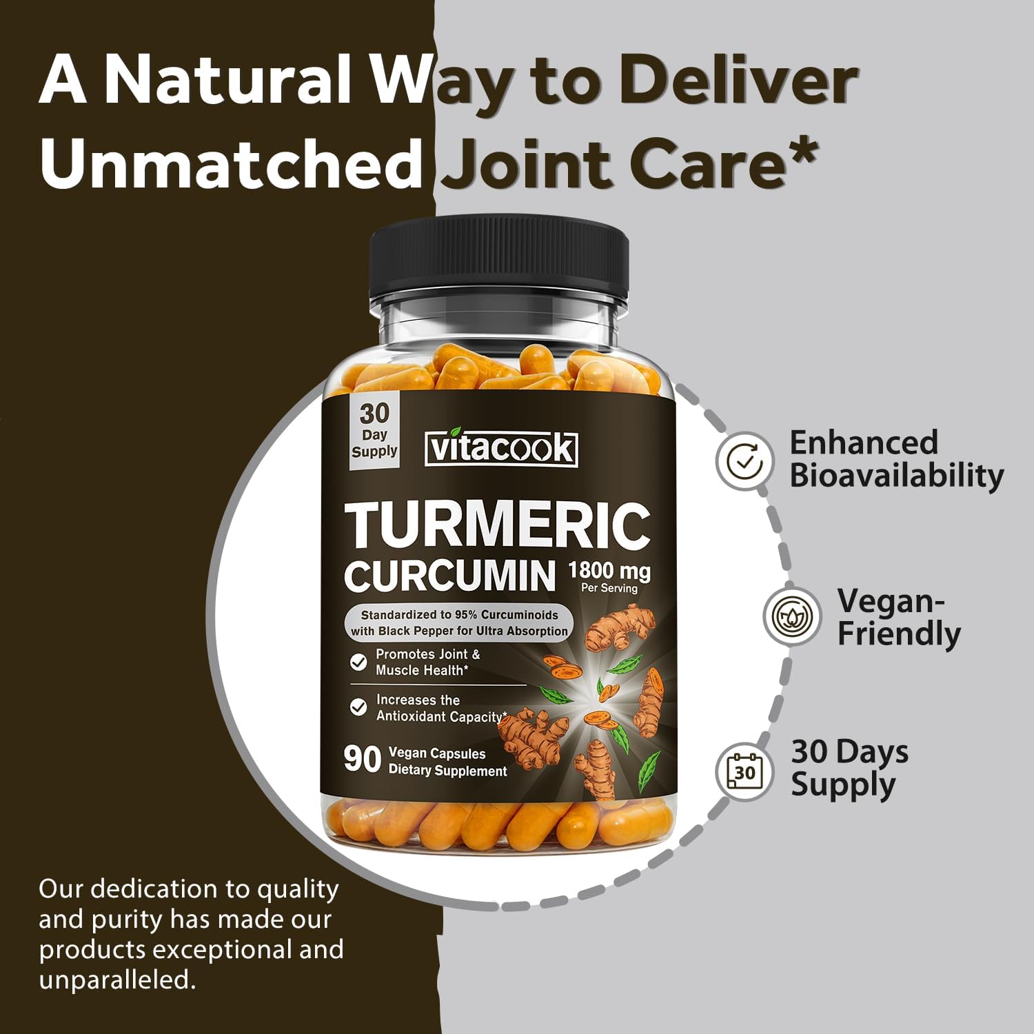 Turmeric Curcumin Supplement with 1800mg and 95% Curcuminoids, Enhanced Absorption with Black Pepper, Vegan Joint Support - 90 Veggie Caps