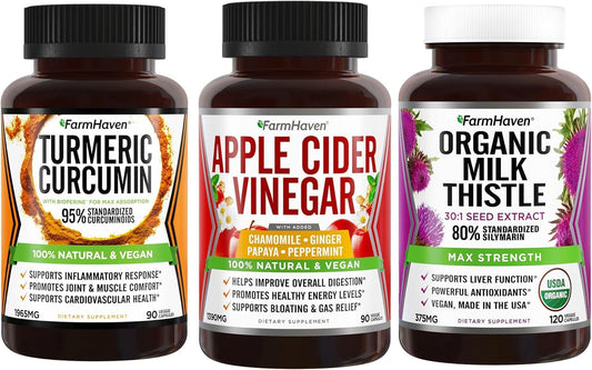 Turmeric Curcumin Supplement with Black Pepper, Apple Cider Vinegar, Ginger, and Milk Thistle for Joint Support and Immune Health