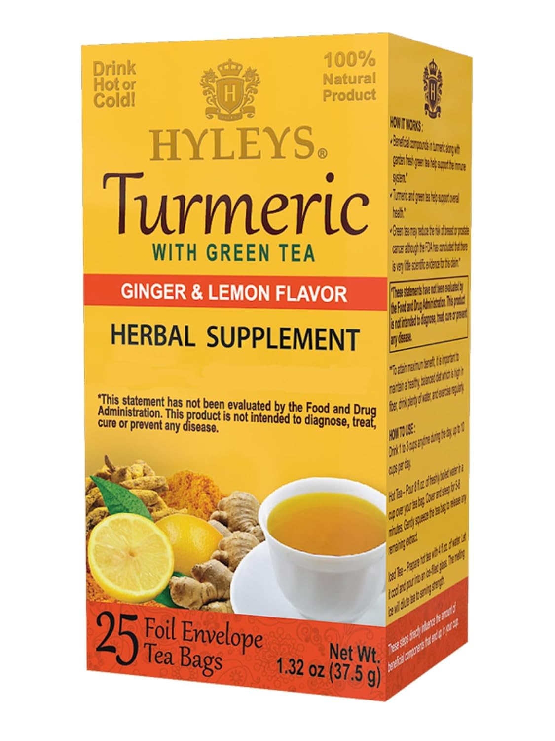 Turmeric Green Tea with Ginger and Lemon Flavor - 150 Tea Bags (6 Pack) by Hyleys