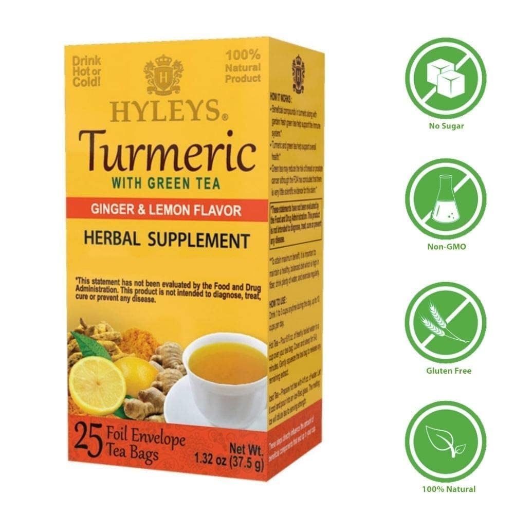 Turmeric Green Tea with Ginger and Lemon Flavor - 150 Tea Bags (6 Pack) by Hyleys