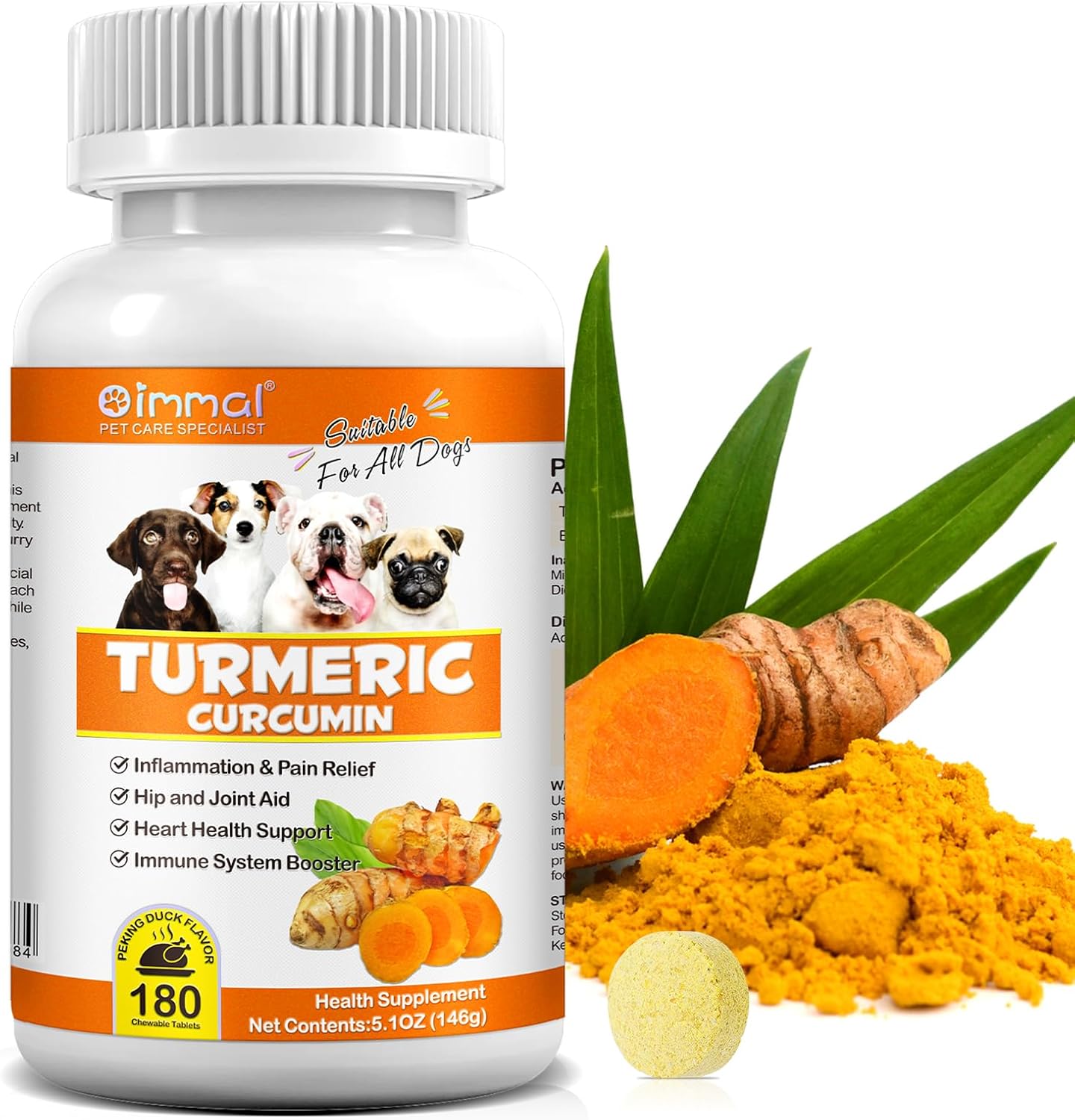 Turmeric Root Chewable Tablets for Dogs - 180 Count, Supports Hip & Joint Health, Immune System, Heart Health, Mobility, Pain Relief - Pet Supplement Treats