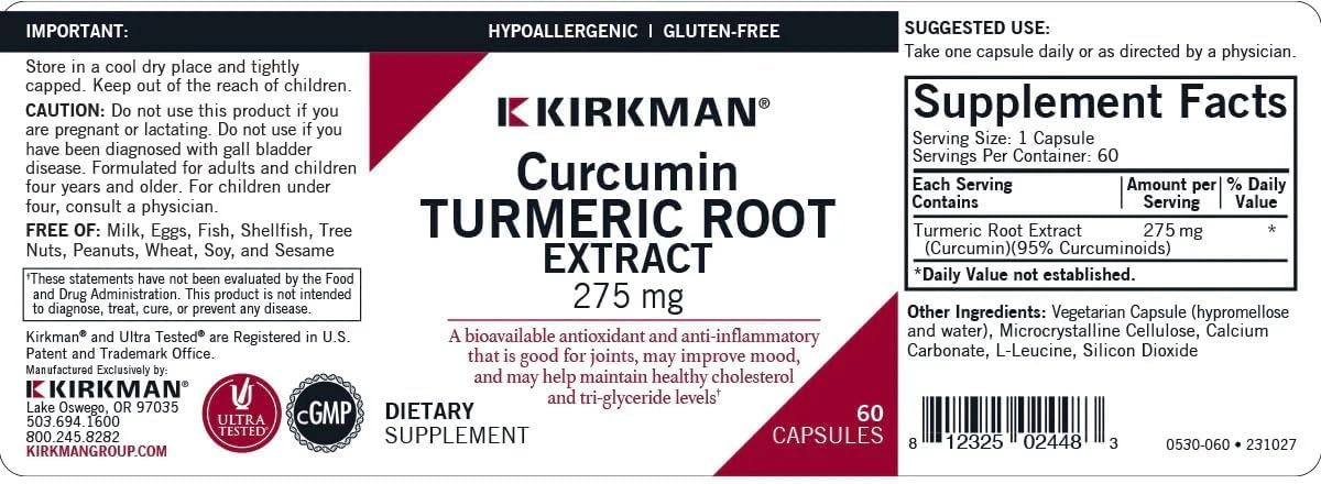 Turmeric Root Extract Capsules 275mg - 60 Veg Caps - Antioxidant & Immune Support - Kirkman