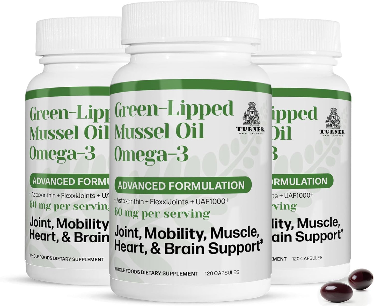 TURNER NZ Green Lipped Omega-3 Mussel Oil, High Potency with UAF1000+ Antioxidant, Joint Comfort & Mobility, No Fishy Taste, 3 Bottles, 180 Softgels