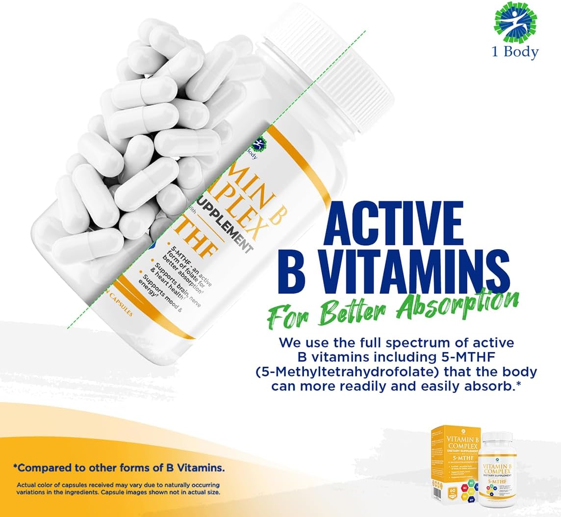 Twin Pack Vitamin B Complex with 5-MTHF Folate, B1, B2, B5, B6, Methyl B12, Niacin, Biotin - 60 Capsules x 2 - BoostGo Australia