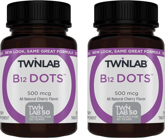 Twinlab B-12 Dots: Energy Production Support Vitamin B12 Supplements - 500 mcg, 250 Tablets (2 Pack)
