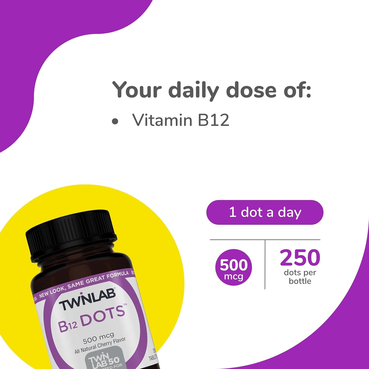 Twinlab B-12 Dots: Energy Production Support Vitamin B12 Supplements - 500 mcg, 250 Tablets (2 Pack)