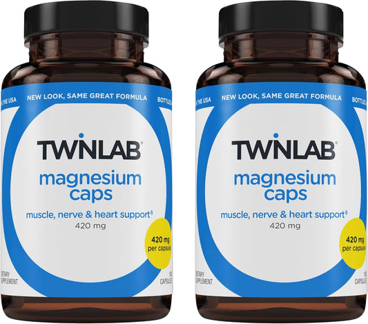 Twinlab High Absorption Magnesium Capsules for Leg Cramps Relief - 420 mg, 100 Count, 2 Pack - BoostGo Australia