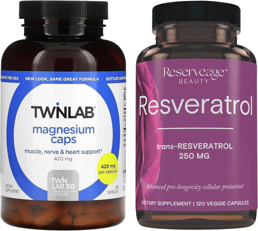 Twinlab Magnesium Capsules for Stress Relief - 420mg, 200 Count, Single Pack + Reserveage Beauty Resveratrol 250mg - Paleo, Keto, 120 Caps - BoostGo Australia