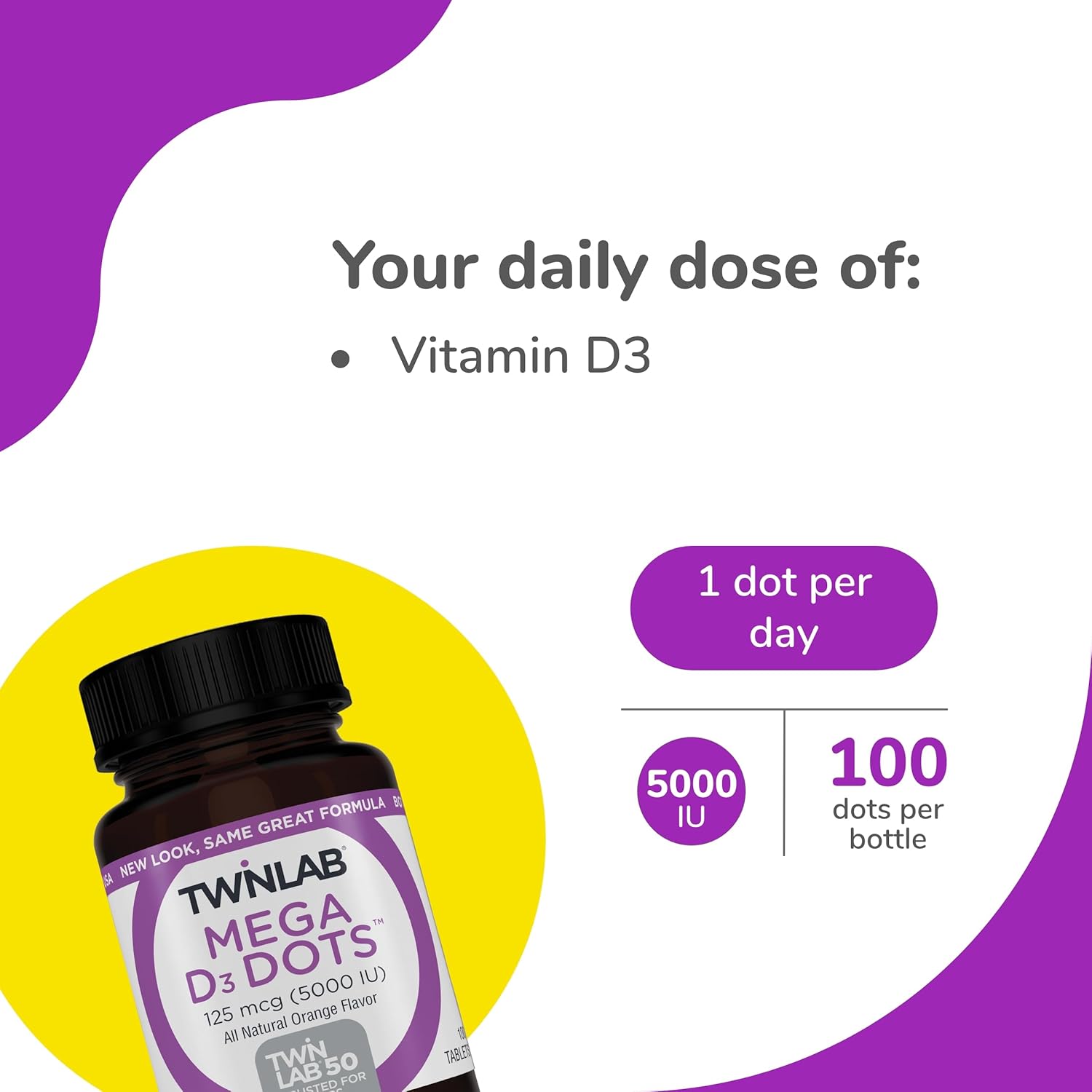 Twinlab Mega D-3 Dots - Immune Health and Bone Support Supplement - 200 Orange Tablets, 125 mcg (5000 IU) - Pack of 2