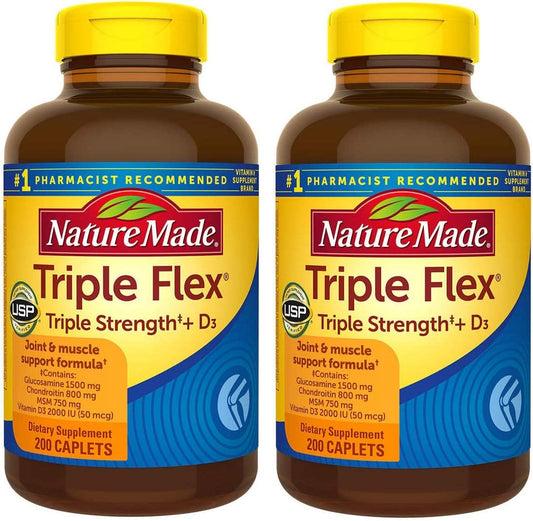 Two Bottles of Nature Made TripleFlex with 200 Caplets Each, Featuring Glucosamine, Chondroitin, and MSM for Joint Health - 400 Total Caplets