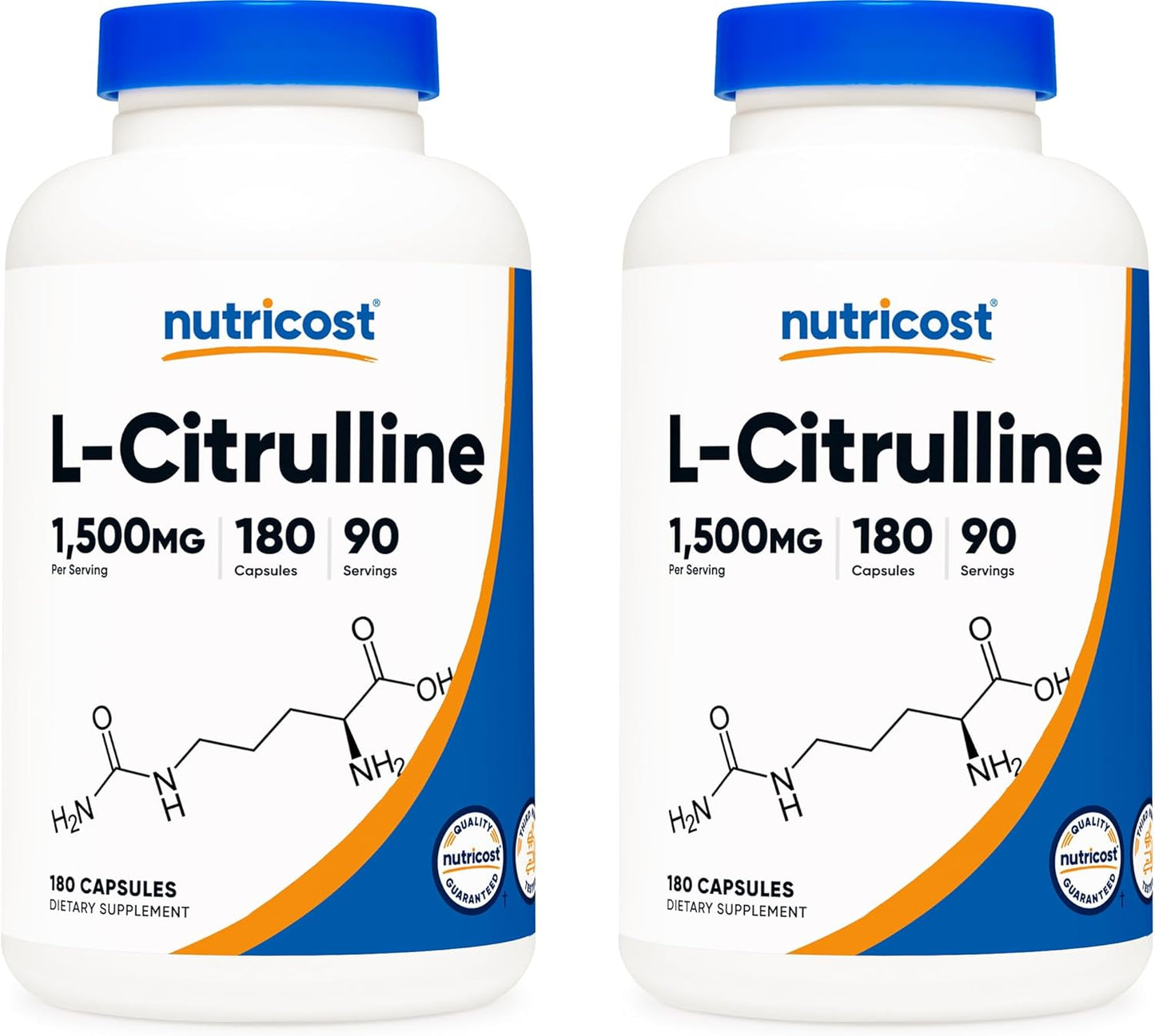 Two Bottles of Nutricost L-Citrulline 750mg, 180 Capsules for Enhanced Performance and Muscle Recovery