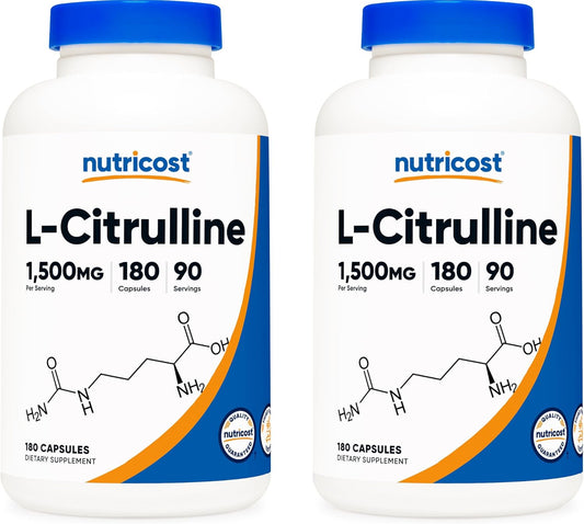Two Bottles of Nutricost L-Citrulline 750mg, 180 Capsules for Enhanced Performance and Muscle Recovery