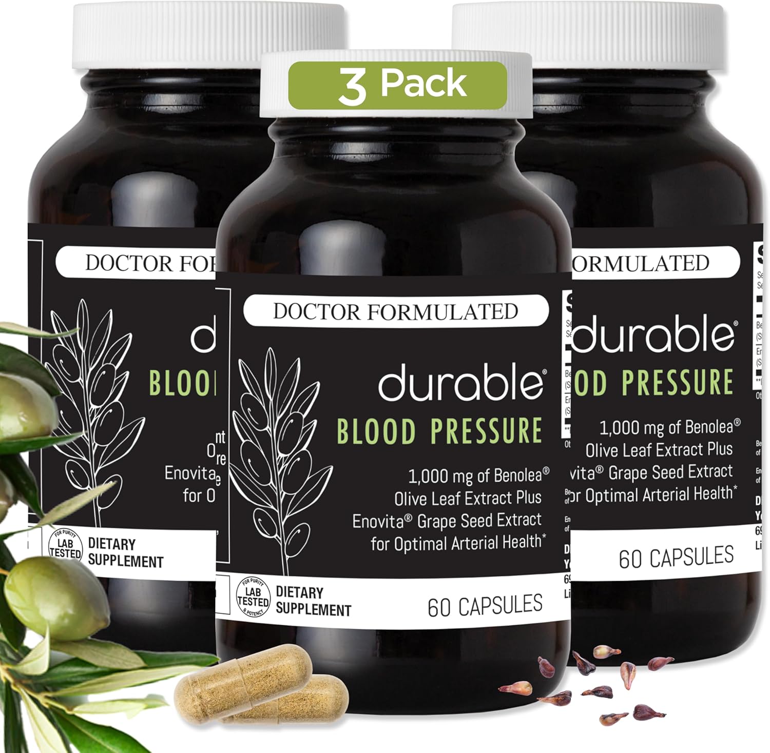 Two-in-One Blood Pressure Support Formula with Benolea Olive Leaf & Enovita Grape Seed Extract, Boosts Nitric Oxide, Supports Vascular Health, USA-Made, Doctor-Formulated (180 Capsules)