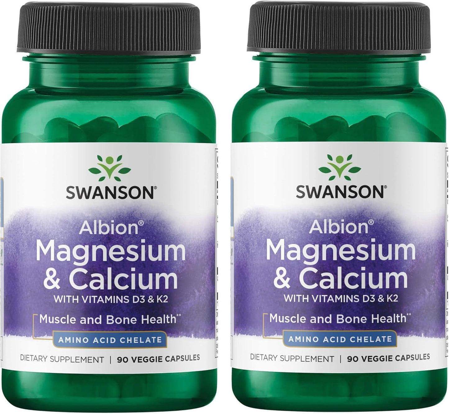 Two-Pack Swanson Albion Chelated Magnesium & Calcium 2:1 90 Veg Capsules - High Absorption Mineral Supplement