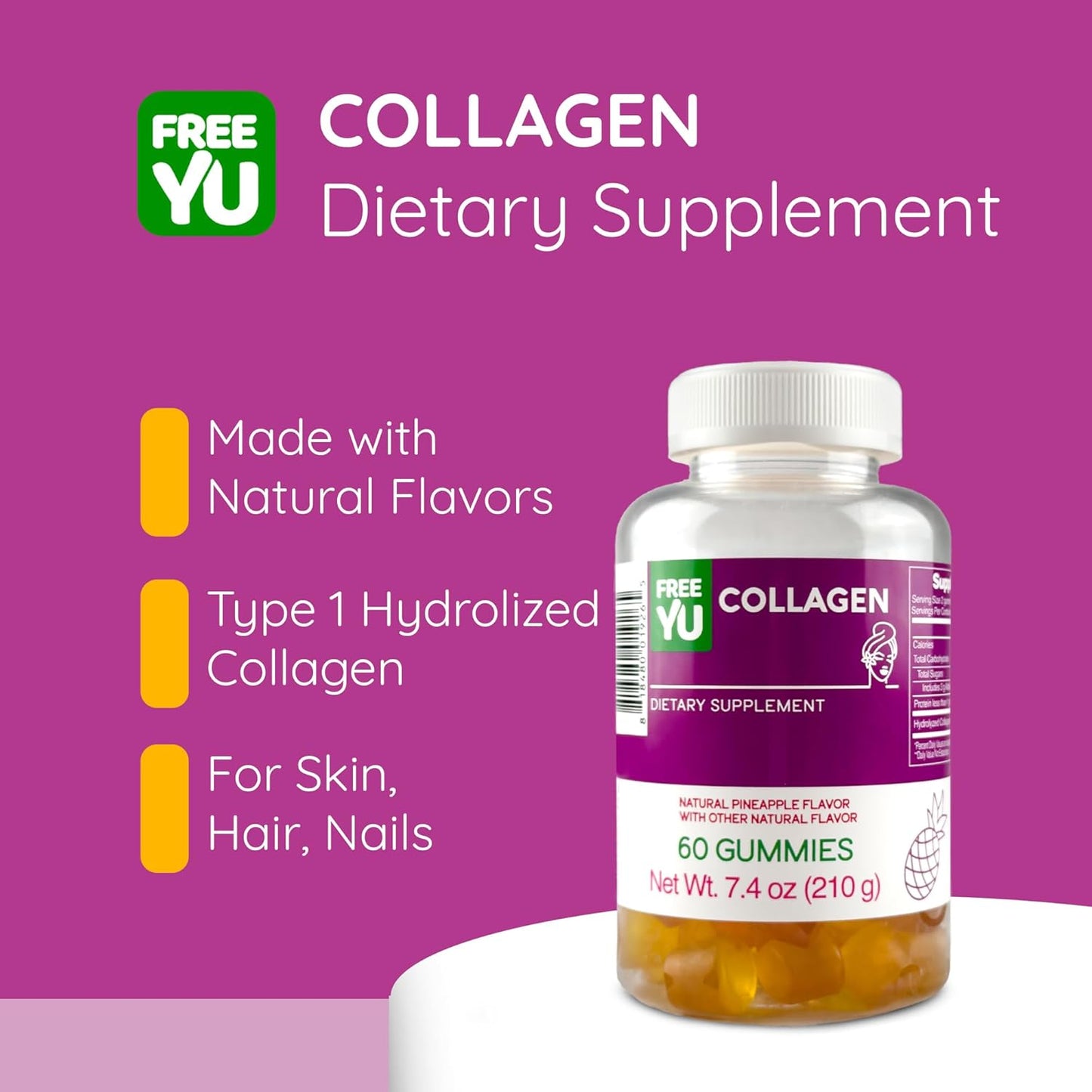 Type 1 Hydrolyzed Collagen Gummies for Adults - Gluten Free & Halal - Skin, Hair, Nails Booster - 60 Gummies