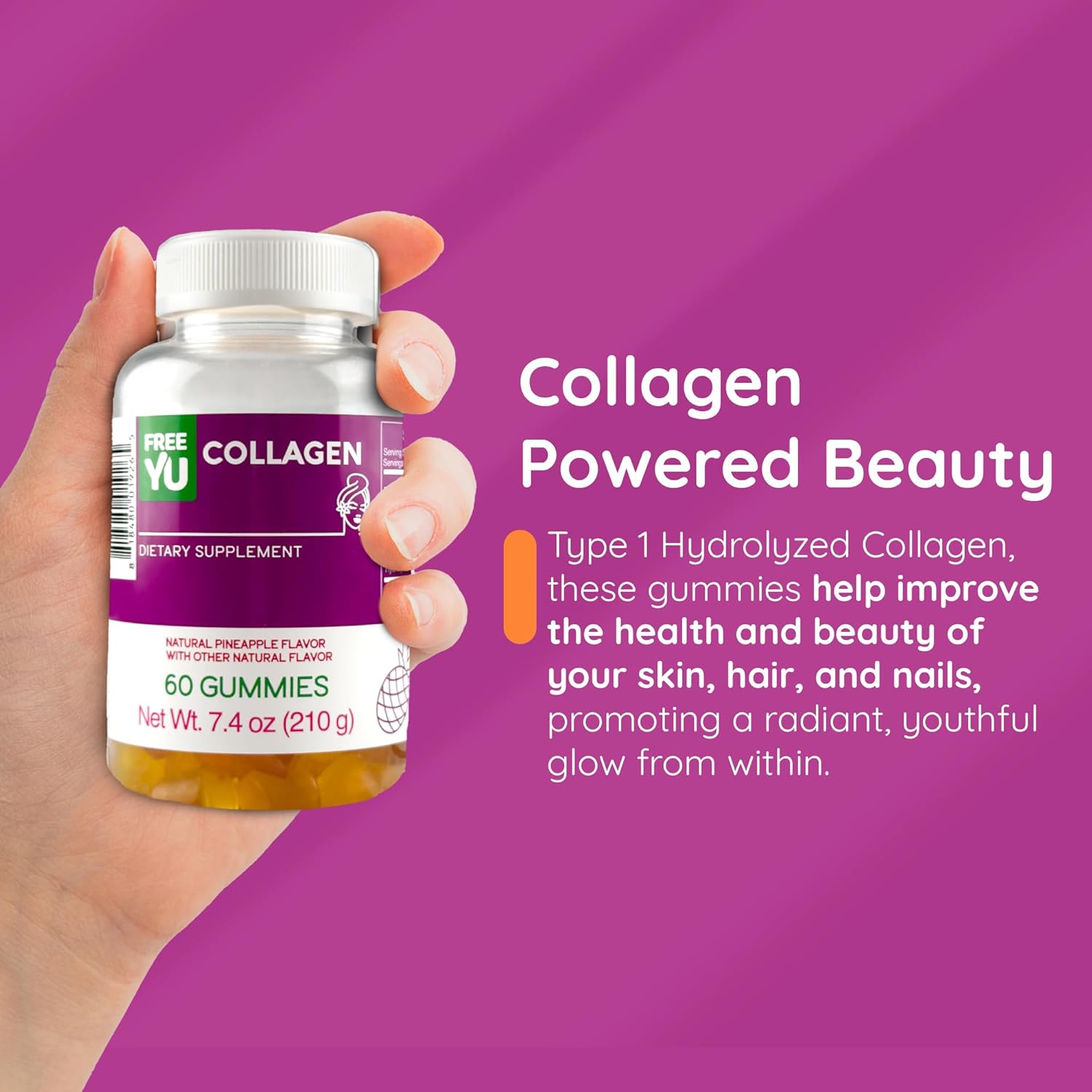 Type 1 Hydrolyzed Collagen Gummies for Adults - Gluten Free & Halal - Skin, Hair, Nails Booster - 60 Gummies