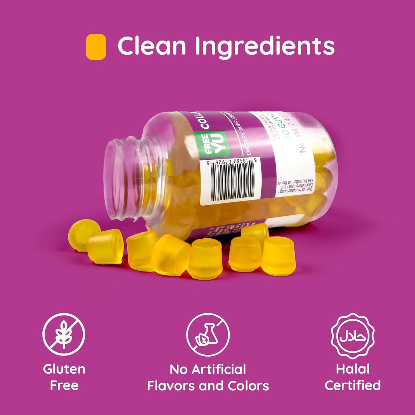 Type 1 Hydrolyzed Collagen Gummies for Adults - Gluten Free & Halal - Skin, Hair, Nails Booster - 60 Gummies