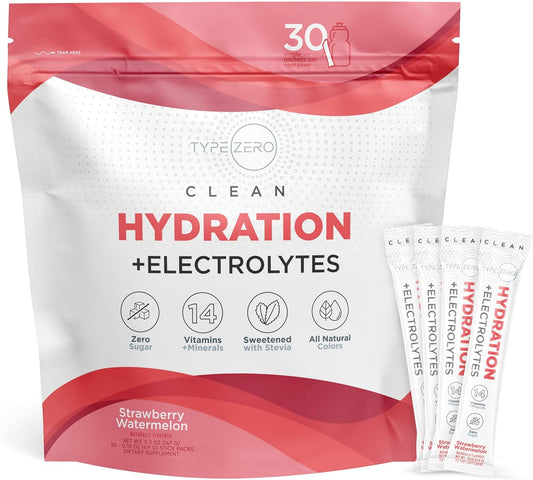 Type Zero Strawberry Watermelon Hydration + Electrolytes Drink Mix - 30 Single-Serving Packets for Ultimate Hydration