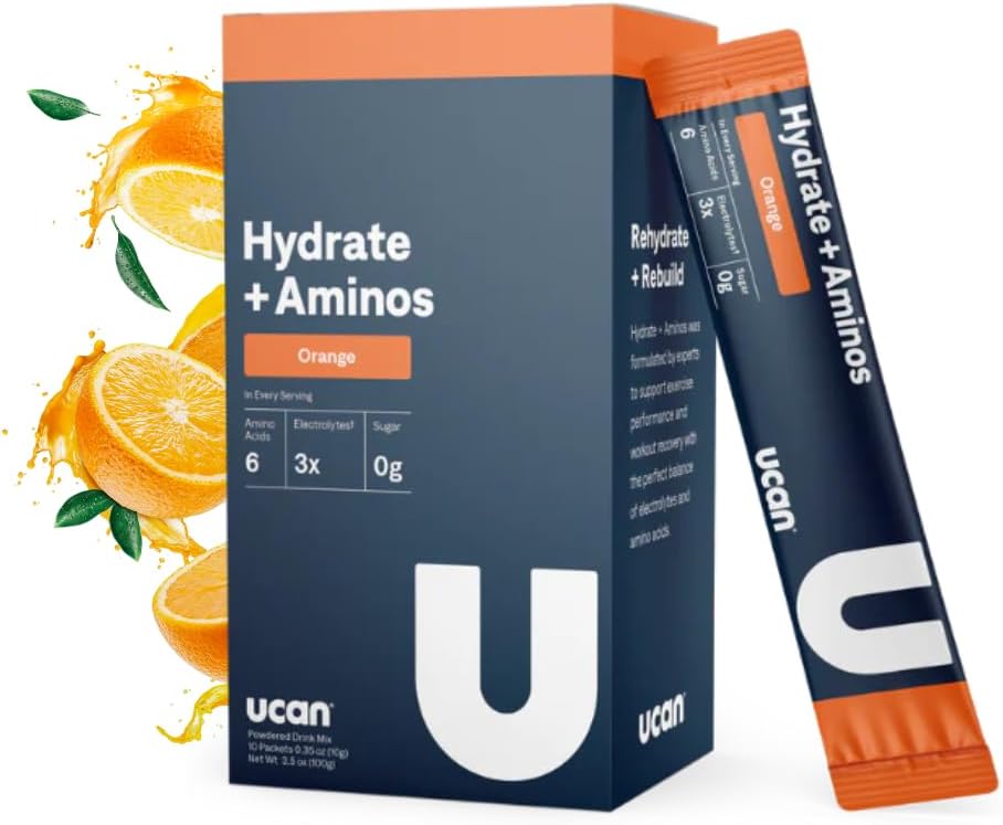 UCAN Hydrate + Aminos Packets, Orange, 10 Count - Keto-Friendly Electrolyte & Muscle Recovery Supplement for Runners & Athletes