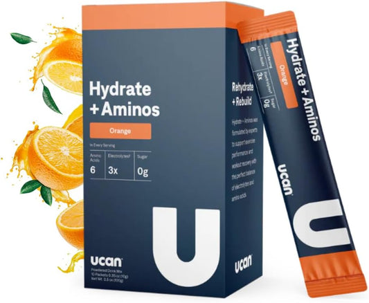 UCAN Hydrate + Aminos Packets, Orange, 10 Count - Keto-Friendly Electrolyte & Muscle Recovery Supplement for Runners & Athletes
