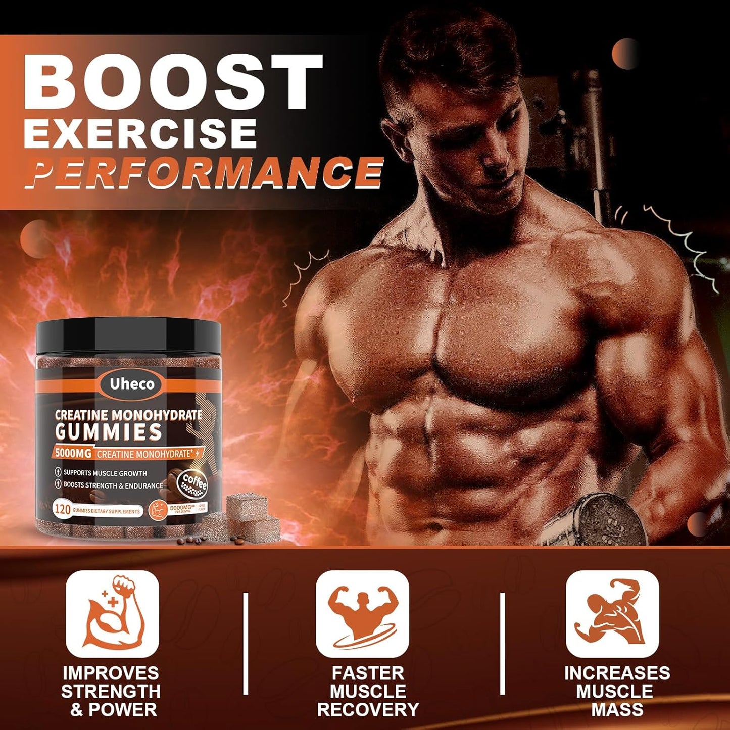 Uheco Coffee Flavor Creatine Gummies 5000mg with L-Taurine, Vitamin B12, Betaine, L-Citrulline - Muscle Strength and Endurance - 116 Count