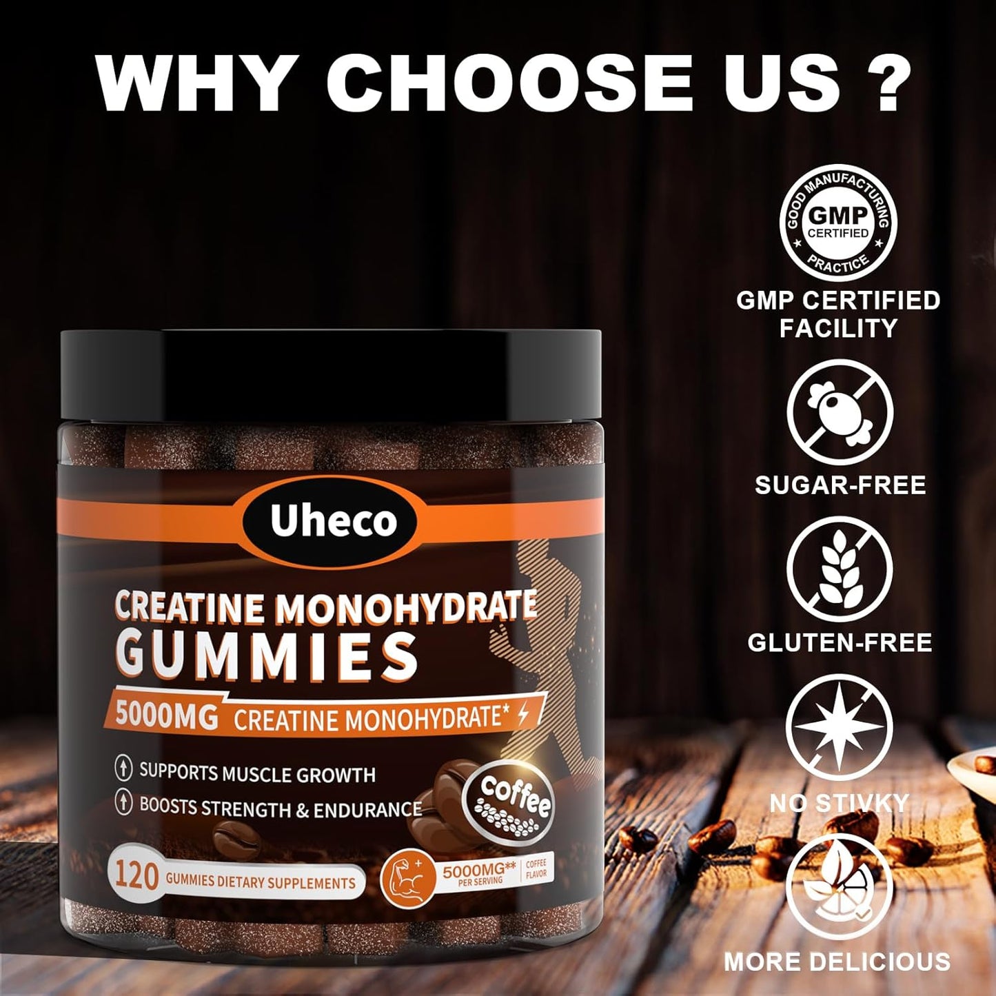 Uheco Coffee Flavor Creatine Gummies 5000mg with L-Taurine, Vitamin B12, Betaine, L-Citrulline - Muscle Strength and Endurance - 116 Count