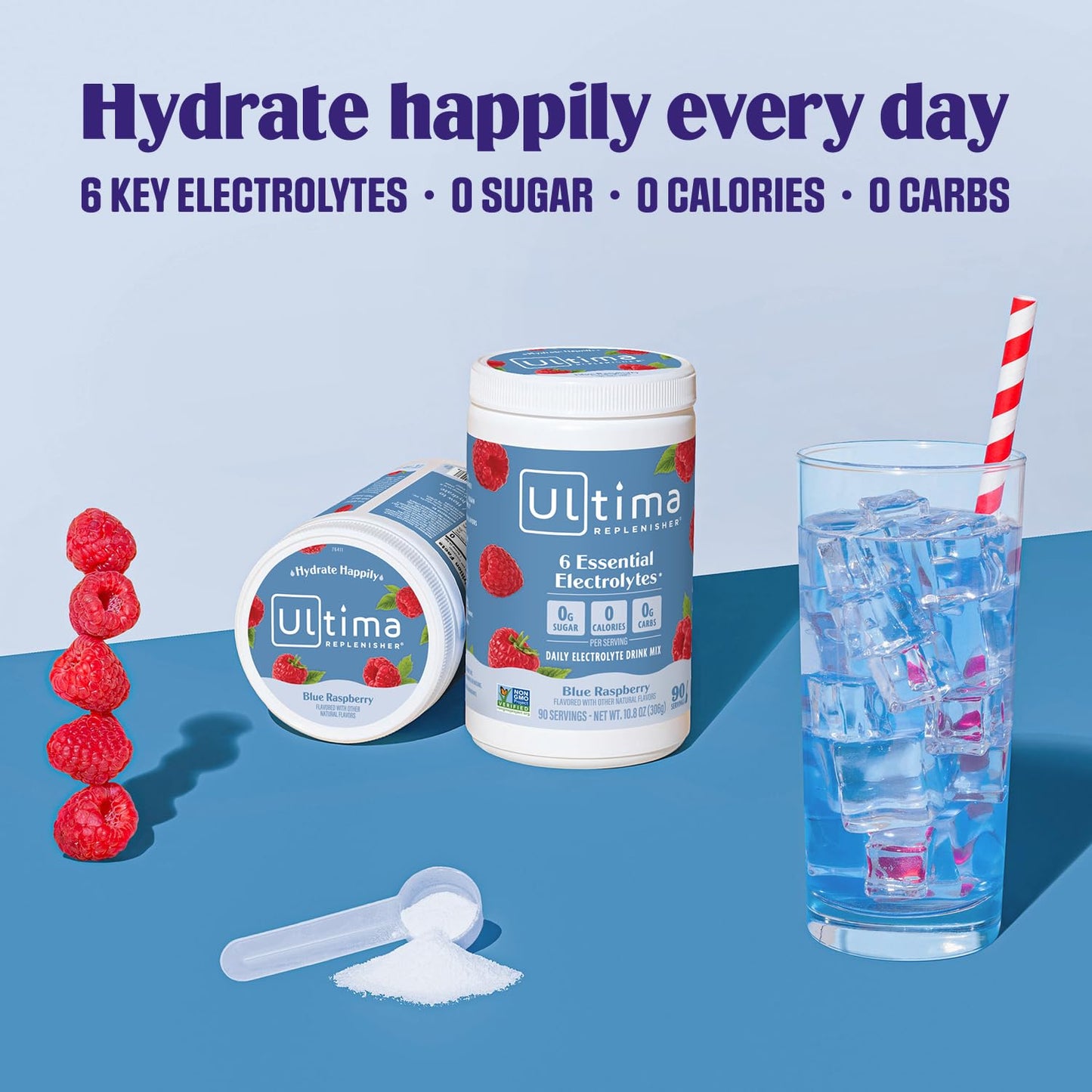 Ultima Replenisher Blue Raspberry Electrolyte Powder Drink Mix - 90 Servings - Hydration with 6 Electrolytes - Keto, Vegan, Non-GMO, Sugar-Free