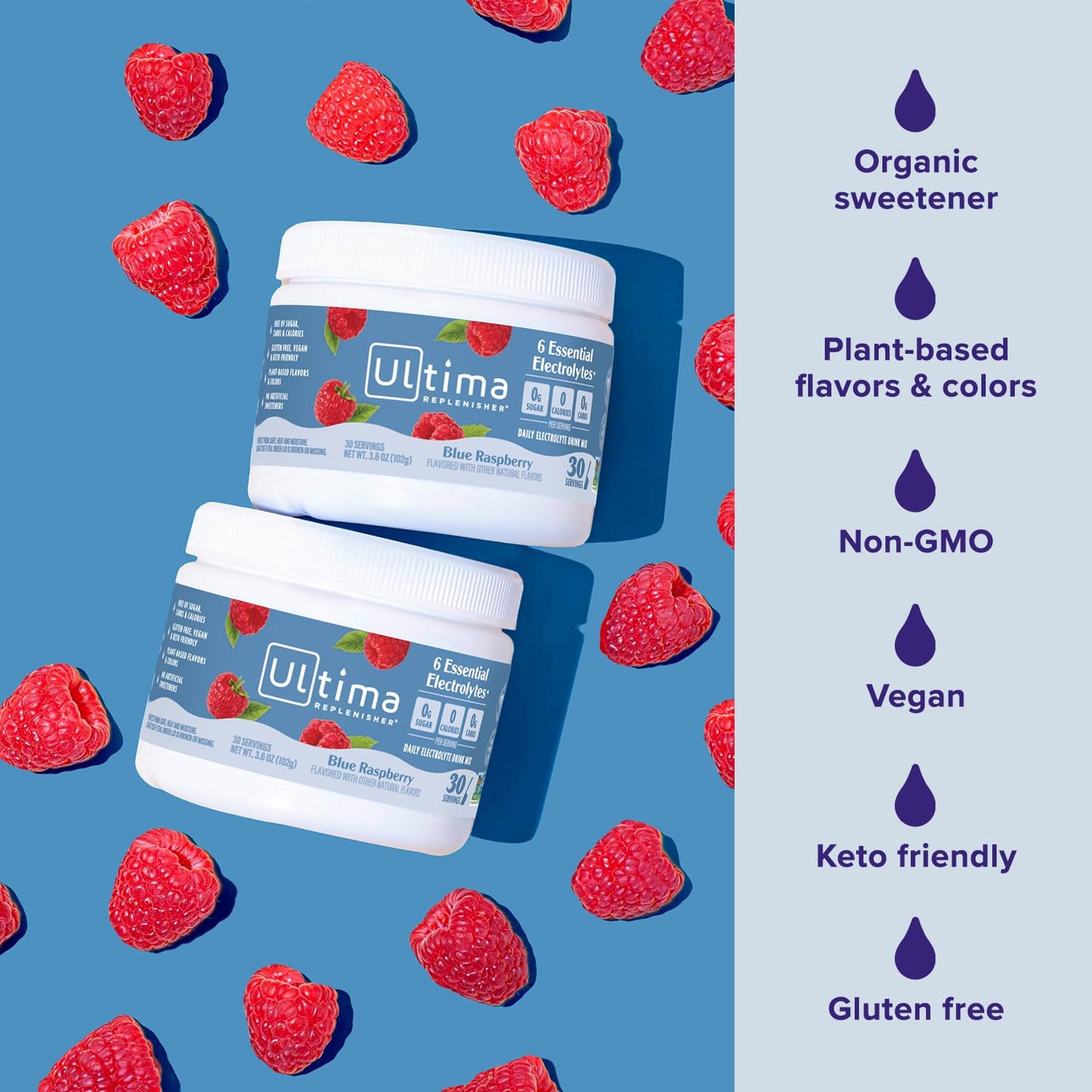 Ultima Replenisher Blue Raspberry Electrolyte Powder Drink Mix - 30 Servings - Hydration Powder with 6 Electrolytes - Keto Friendly, Vegan, Non-GMO, Sugar-Free