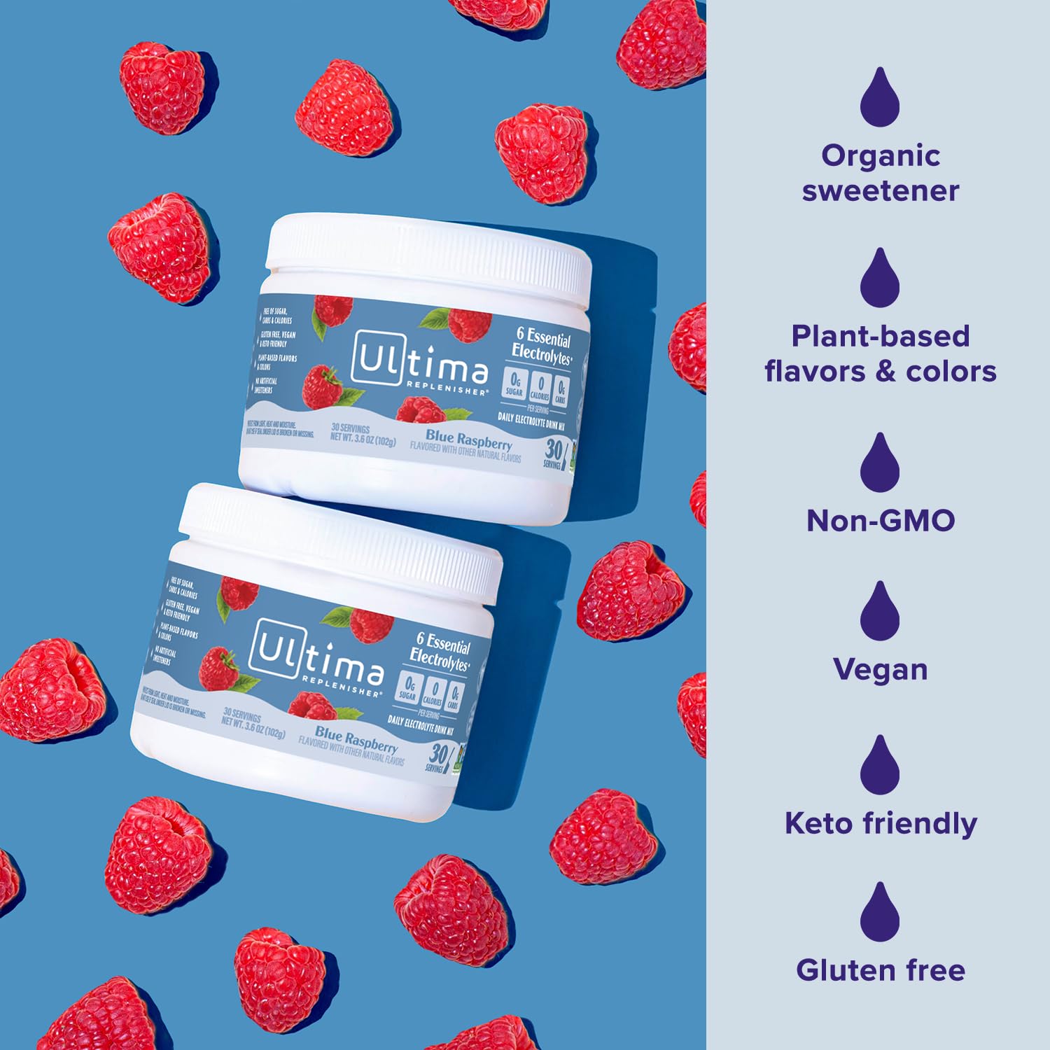 Ultima Replenisher Blue Raspberry Electrolyte Powder Drink Mix - 30 Servings - Hydration Powder with 6 Electrolytes - Keto Friendly, Vegan, Non-GMO, Sugar-Free
