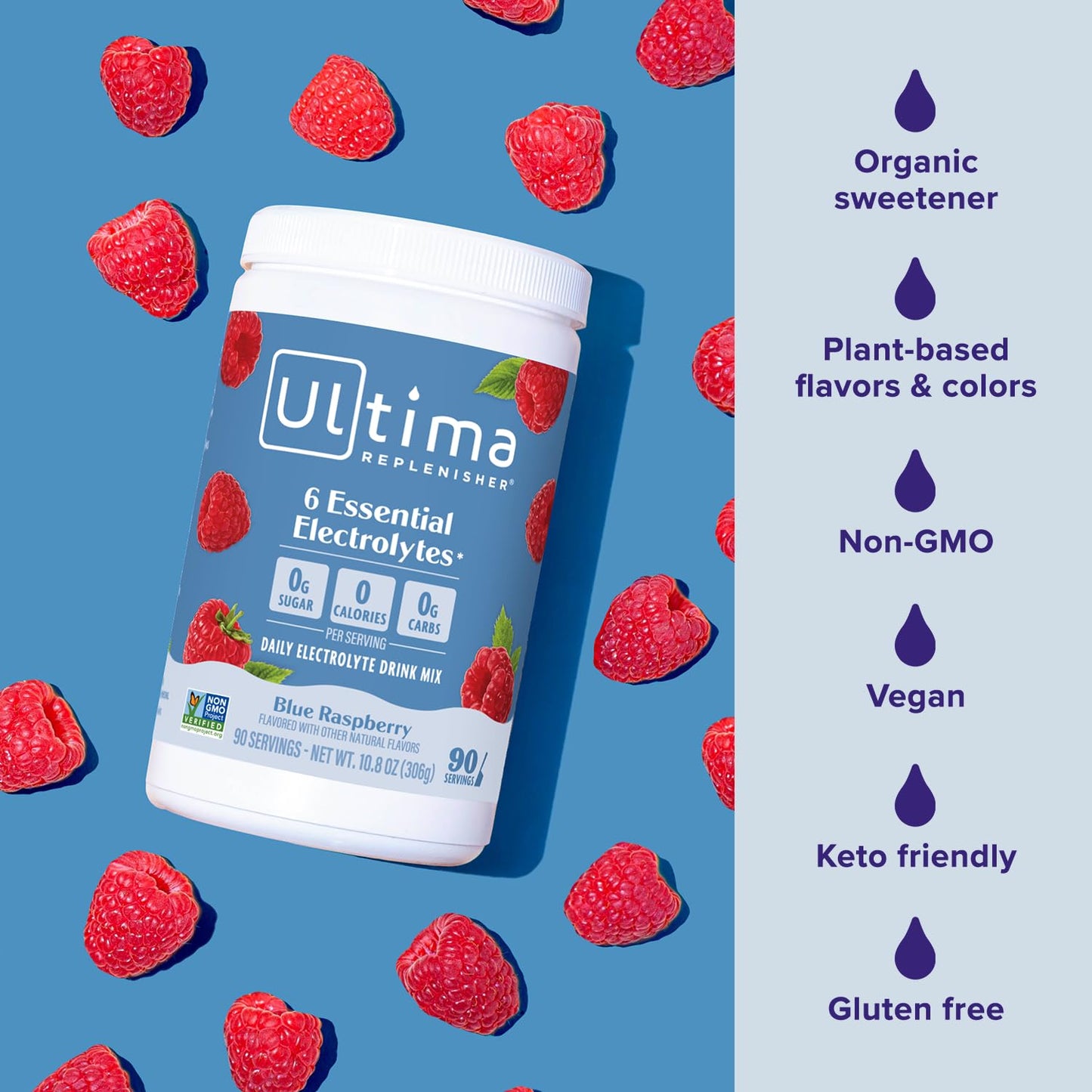 Ultima Replenisher Blue Raspberry Electrolyte Powder Drink Mix - 90 Servings - Hydration with 6 Electrolytes - Keto, Vegan, Non-GMO, Sugar-Free