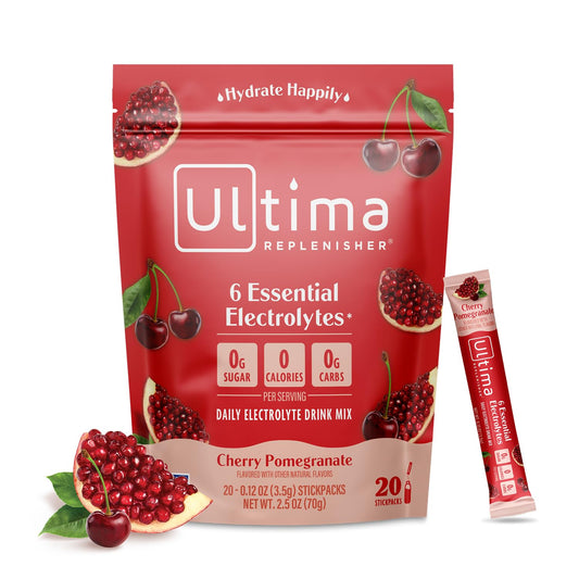Ultima Replenisher Cherry Pomegranate Electrolyte Powder Drink Mix - 20 Stickpacks for Hydration - 6 Electrolytes, Keto, Vegan, Non-GMO, Sugar-Free